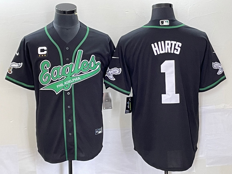 Philadelphia Eagles #1 Jalen Hurts Black With C Patch Cool Base Stitched Baseball Jersey - Click Image to Close